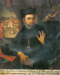 der 28. Abt, Ambrosius Horn, im Hintergrund Bildersturm im Kloster Isny